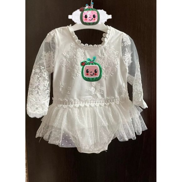 Cocomelon Dress White Lace Long Sleeve Easter Girl Outfit Clothes Dress Romper